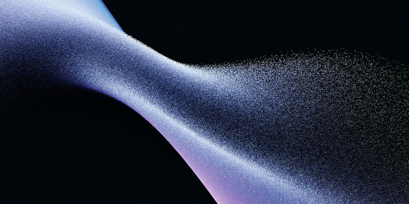 A luminous ribbon of fine white and blue particles flowing across a black field.
