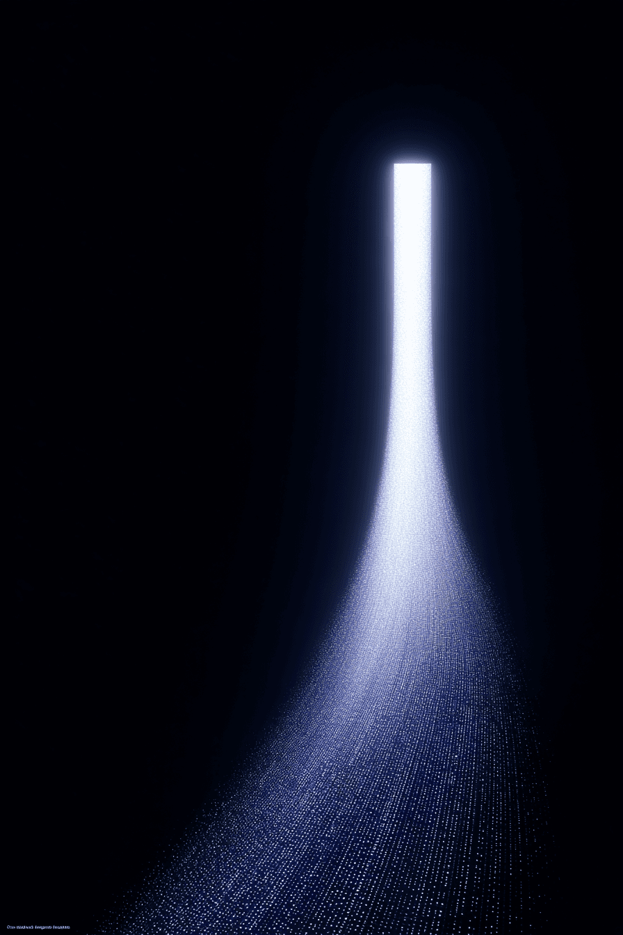 A bright pillar of light rising from a cone of glowing particles in a vast dark void.