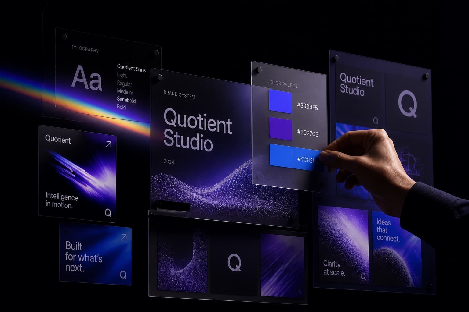 Design boards, color palettes, and social layouts assembling in purple-blue light