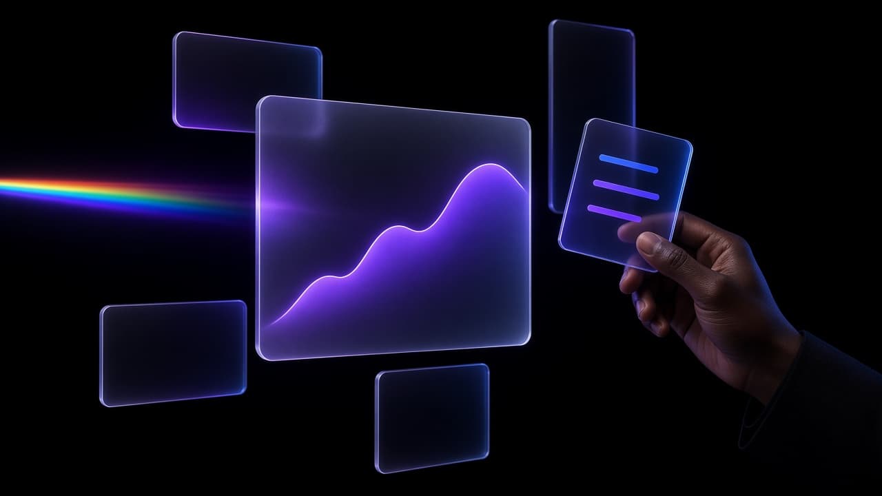 Glass panels showing a rising chart and a short list of metrics, held up in purple light