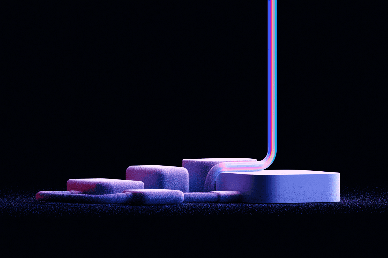 Separate glowing modules consolidating into one platform through a prismatic stream.
