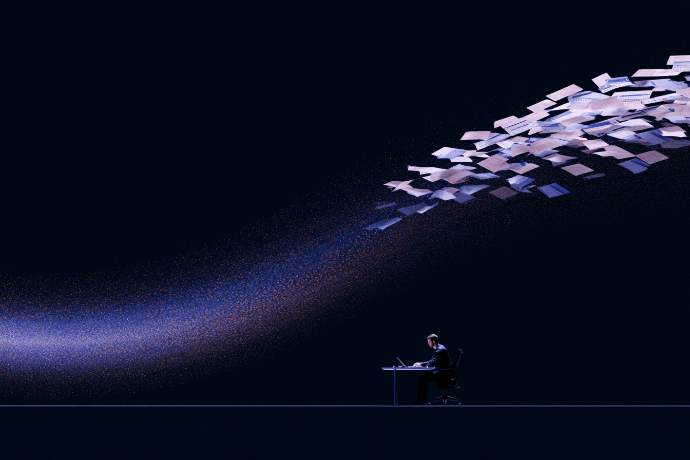 A marketer at a desk as task cards sweep away in a trail of prismatic particles.