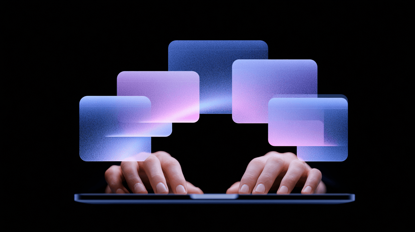 Hands typing beneath a flowing arrangement of campaign elements