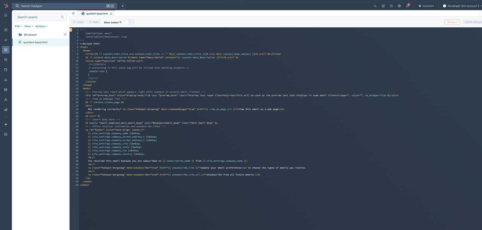 HubSpot email template structure showing the quotient-base.html template layout