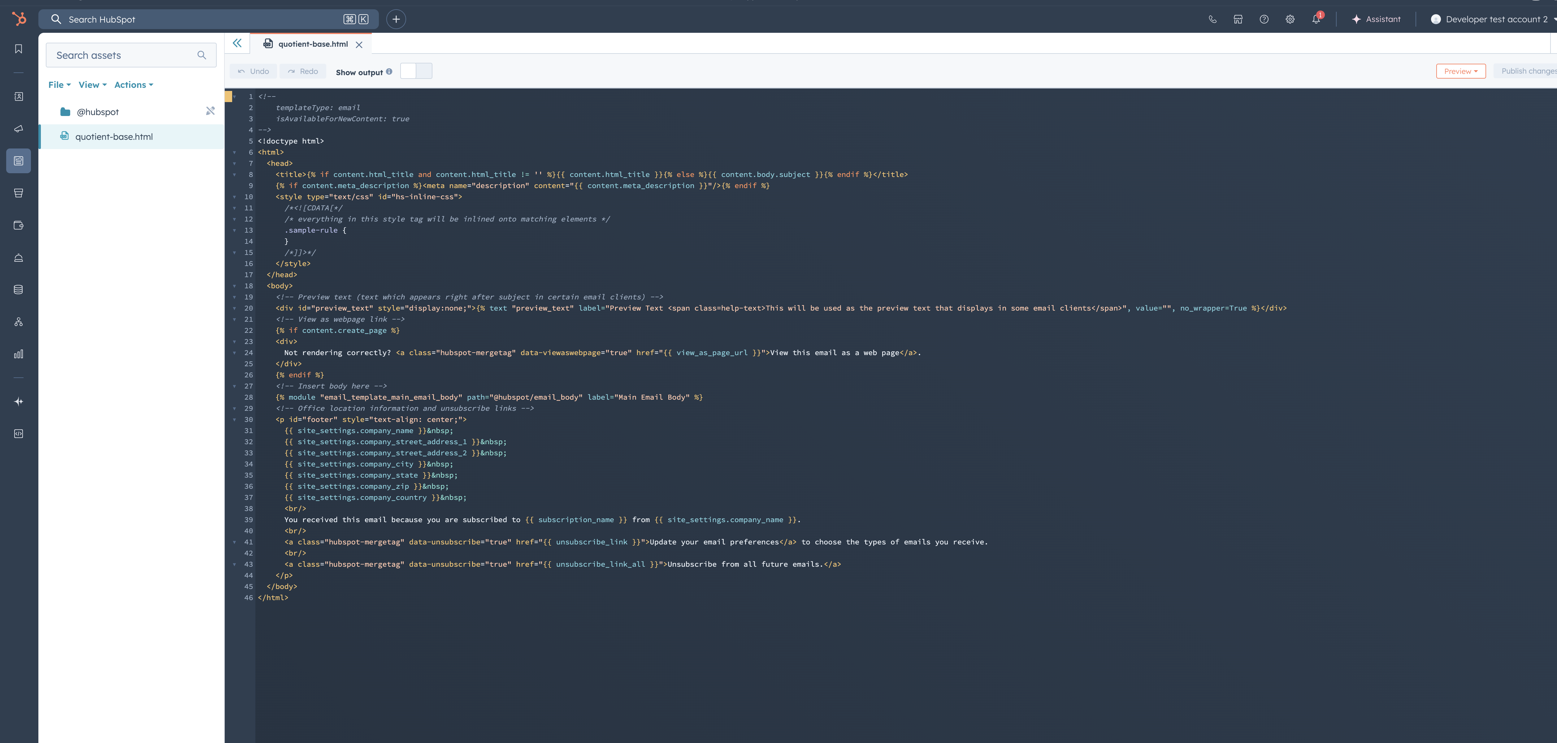 HubSpot email template structure showing the quotient-base.html template layout