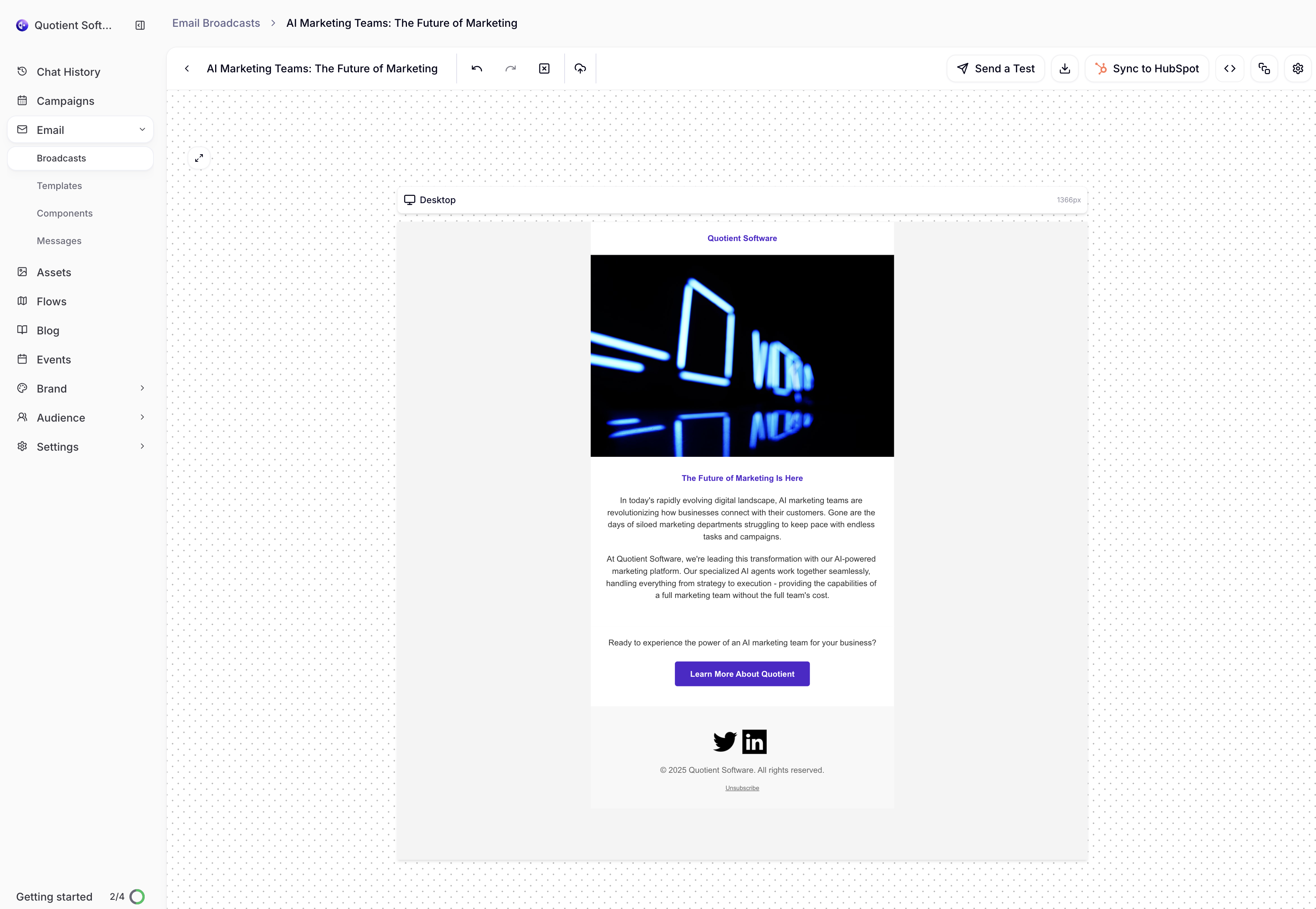 Quotient email template showing Sync to HubSpot button