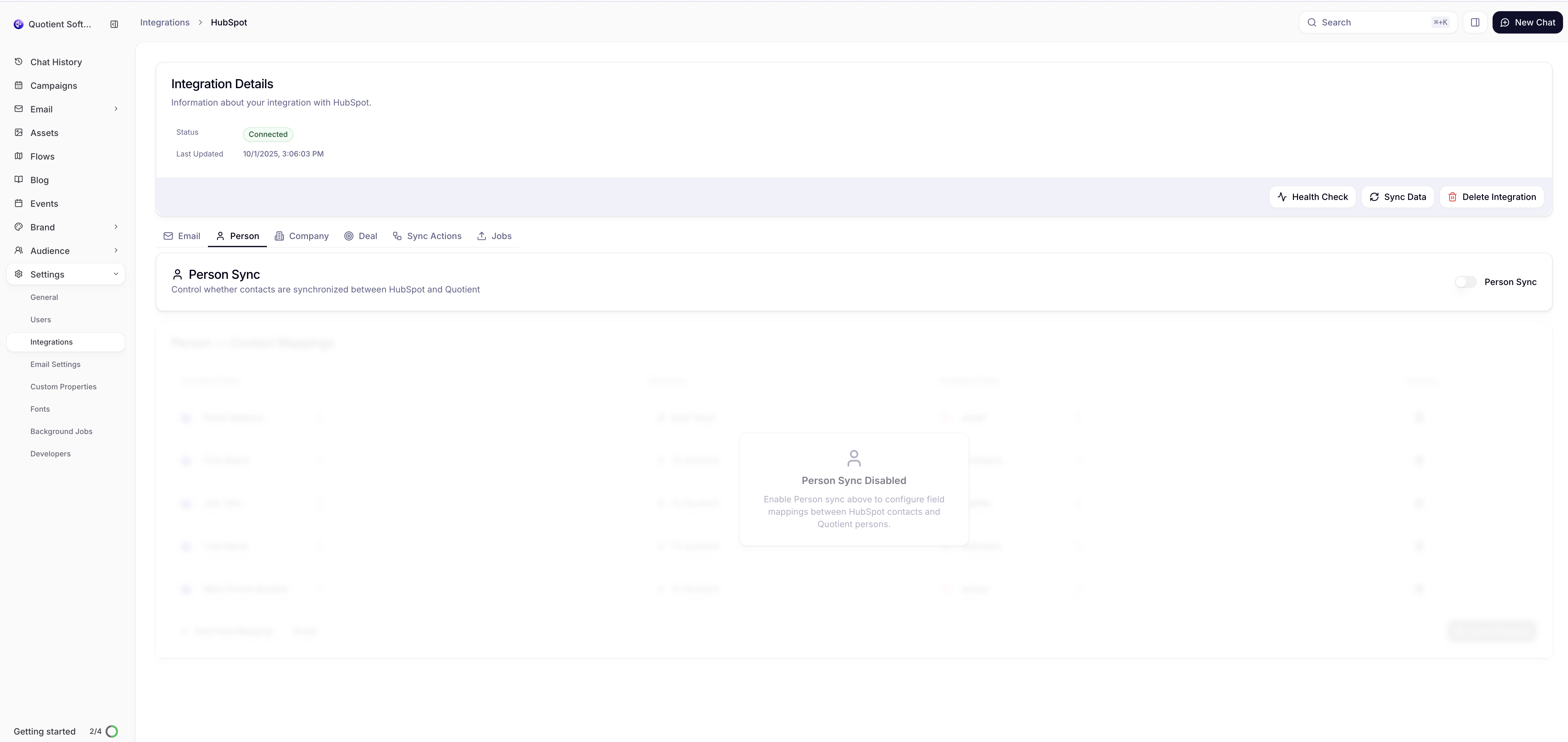 HubSpot integration settings page showing Settings button and connected status