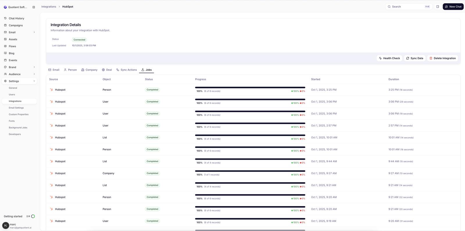 HubSpot Jobs tab showing sync job history with status, progress, and execution details